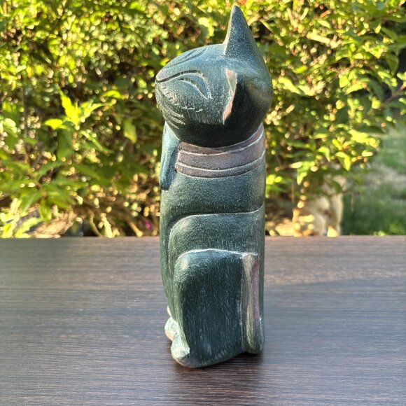 Vintage Hand Carved Wooden Cat Figurine with Bow Tie MCM Folk Art Green Cat - Picture 3 of 12